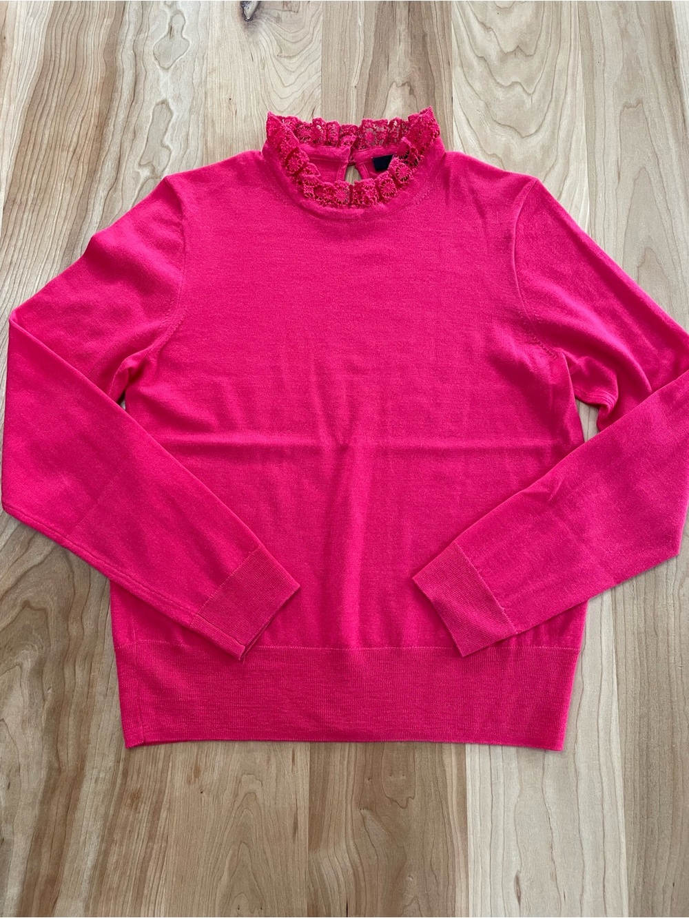 J. Crew Medium Pink Tippi Sweater Crochet Lace Collar Lightweight Merino Wool